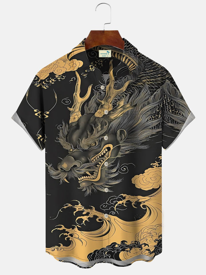 Alohadaddy Animal Dragon Cloud Button Pocket Casual Short Sleeve Shirt