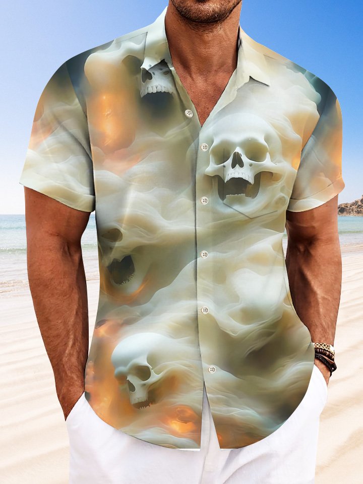 Alohadaddy Halloween Skull 3D Stereo Art Button Pocket Casual Short Sleeve Shirt