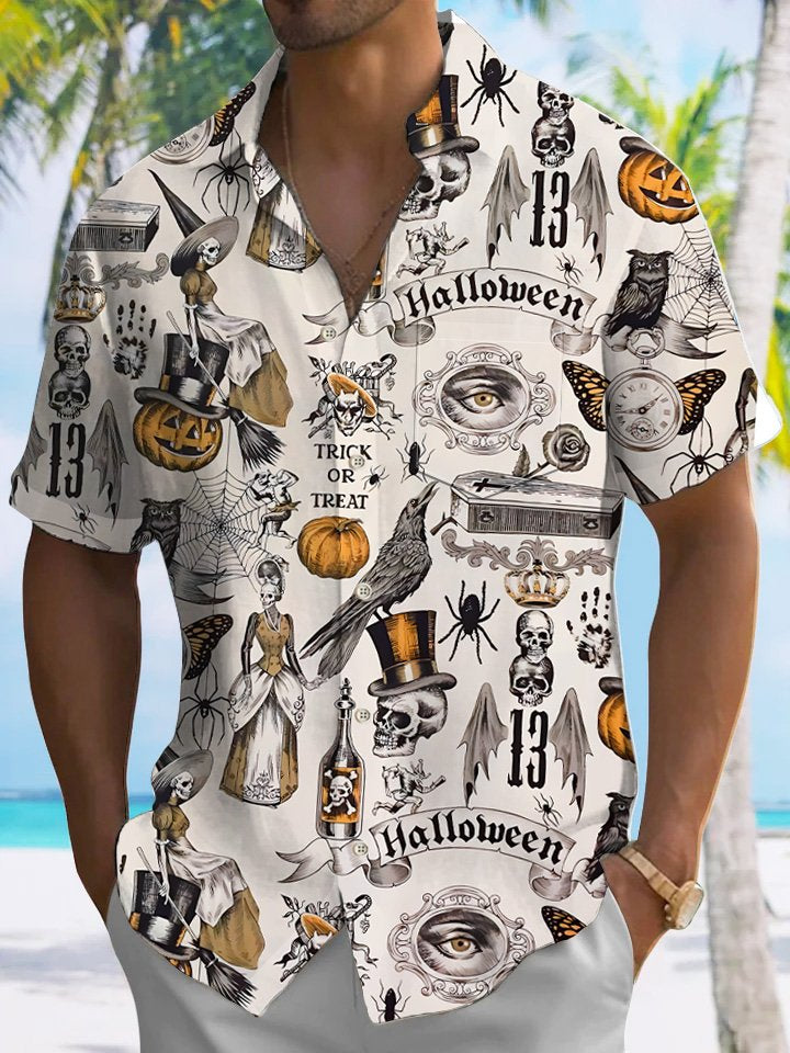 Alohadaddy Halloween Pumpkin Skull Button Pocket Casual Short Sleeve Shirt
