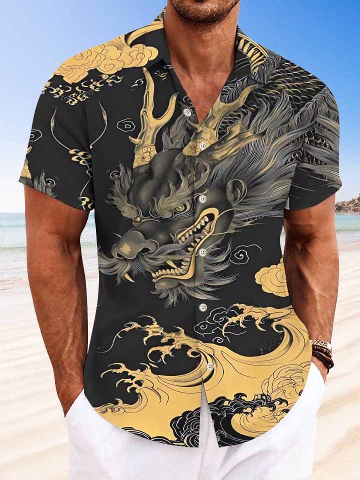 Alohadaddy Animal Dragon Cloud Button Pocket Casual Short Sleeve Shirt