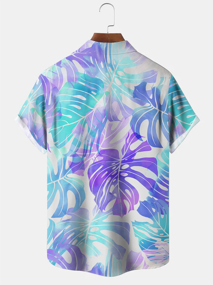 Alohadaddy Plant Leaves Gradient Button Pocket Casual Short Sleeve Shirt