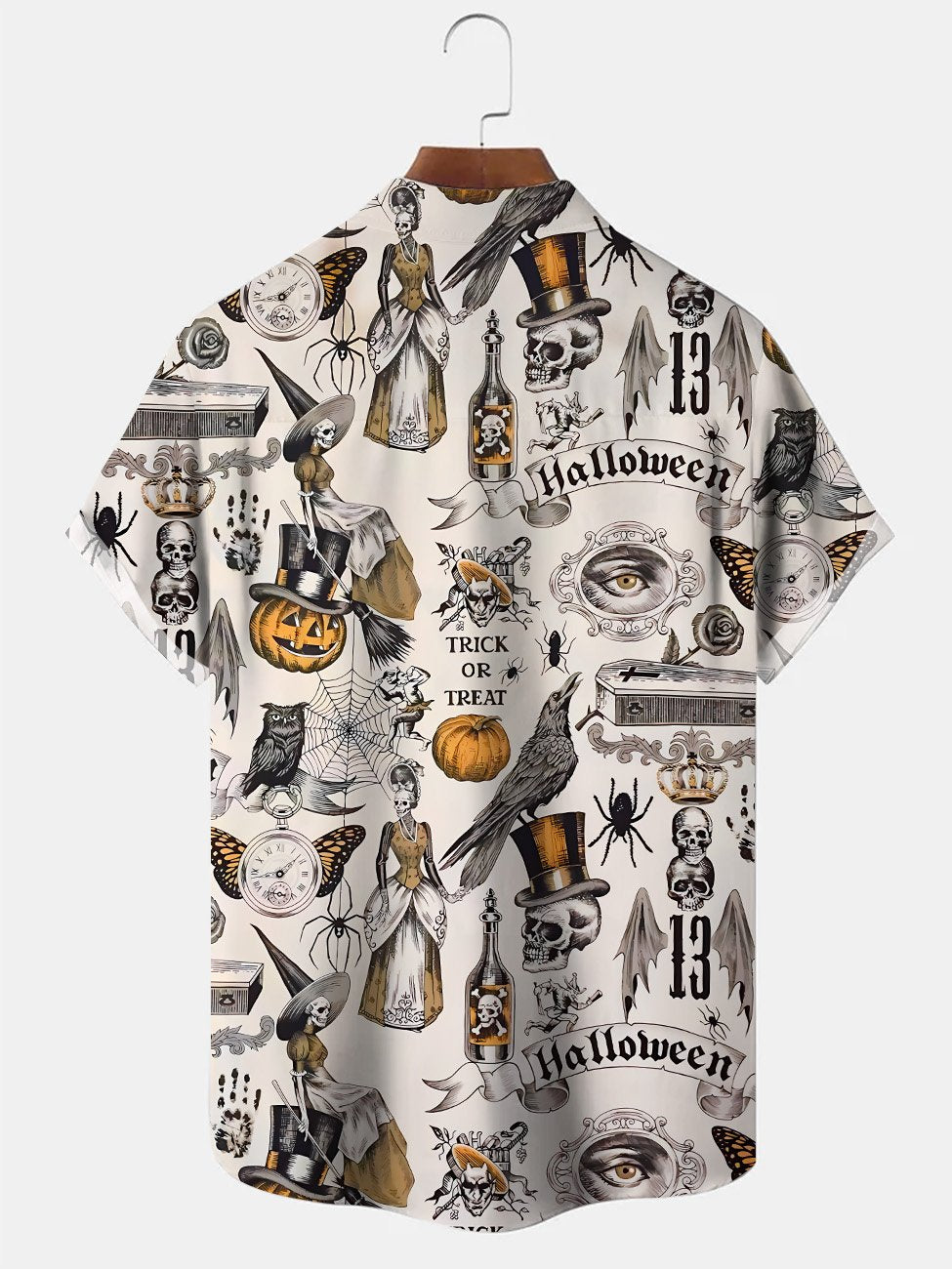Alohadaddy Halloween Pumpkin Skull Button Pocket Casual Short Sleeve Shirt