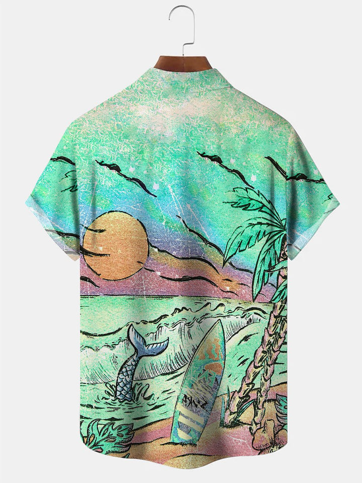 Alohadaddy Beach Coconut Tree Surfing Button Pocket Casual Short Sleeve Shirt