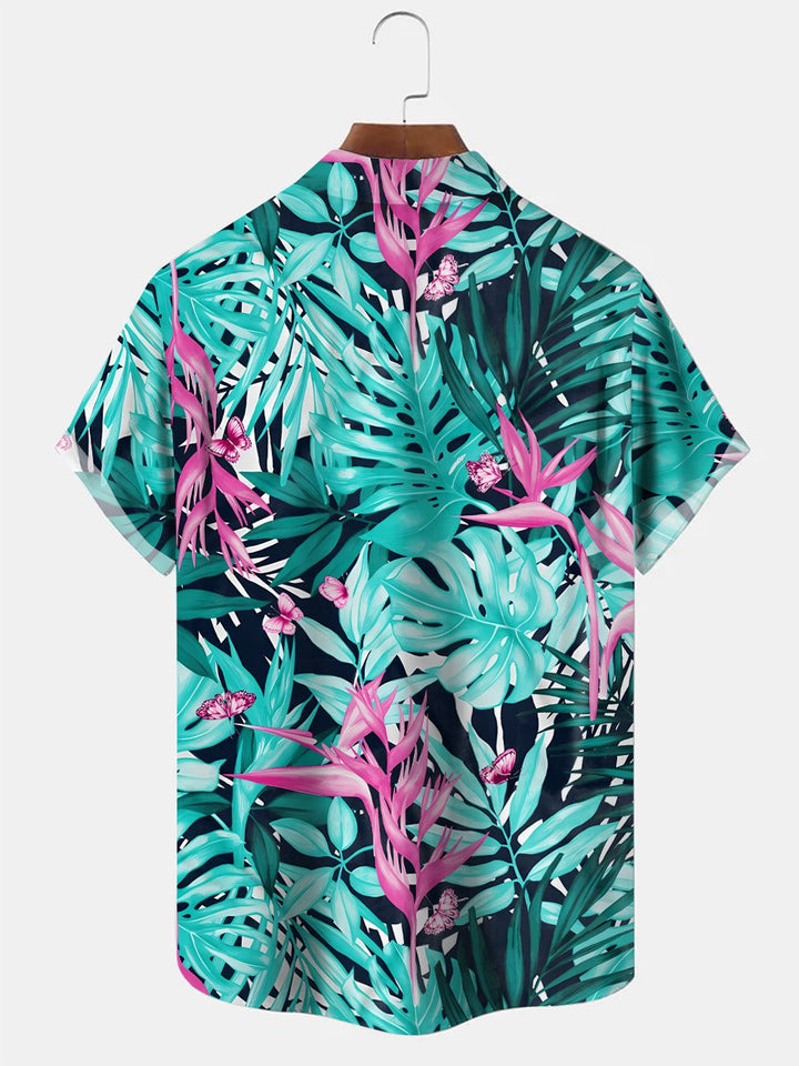 Alohadaddy Plant Leaves Button Pocket Casual Short Sleeve Shirt
