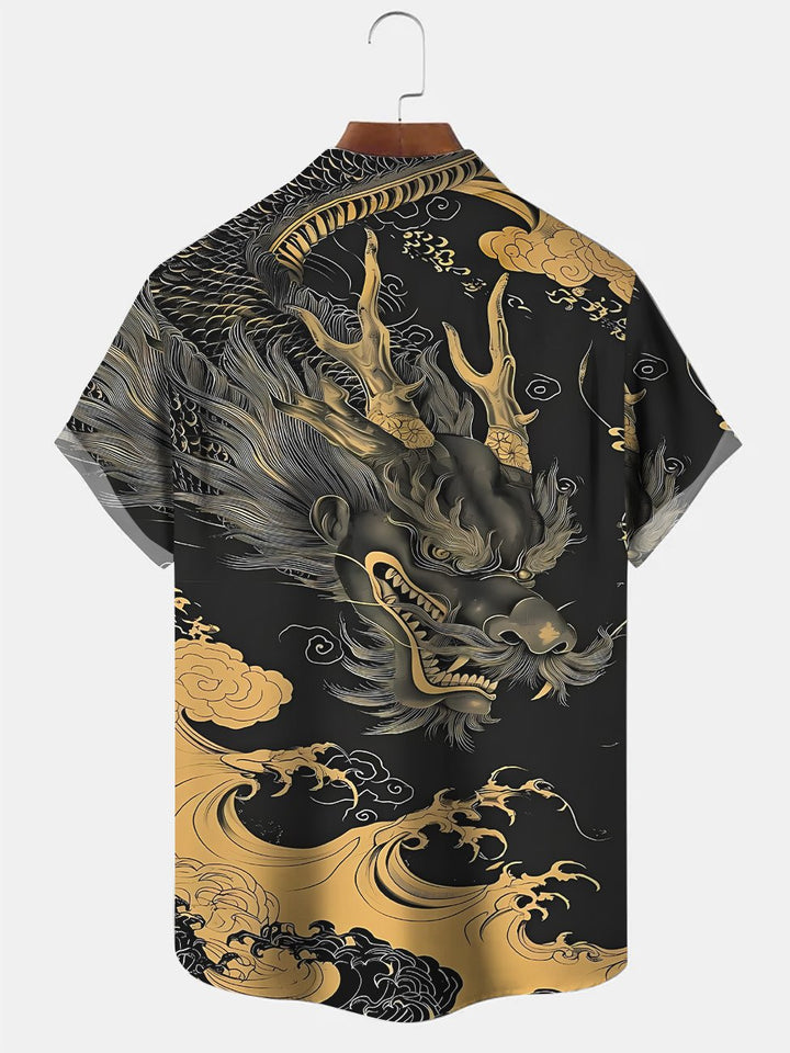 Alohadaddy Animal Dragon Cloud Button Pocket Casual Short Sleeve Shirt