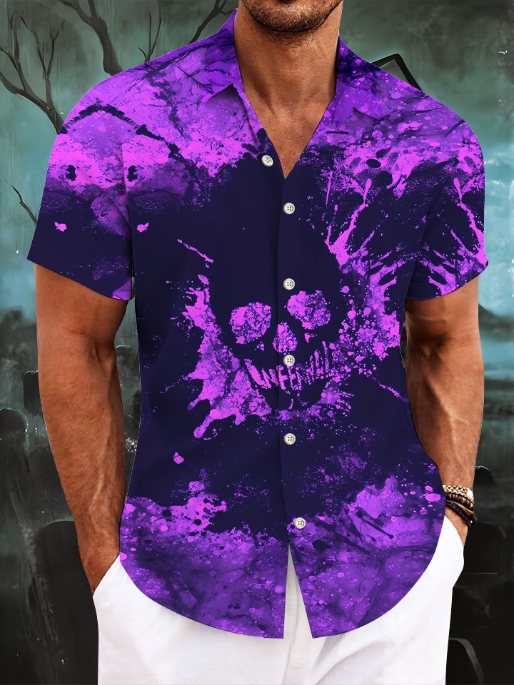 Alohadaddy Halloween Skull Button Pocket Casual Short Sleeve Shirt