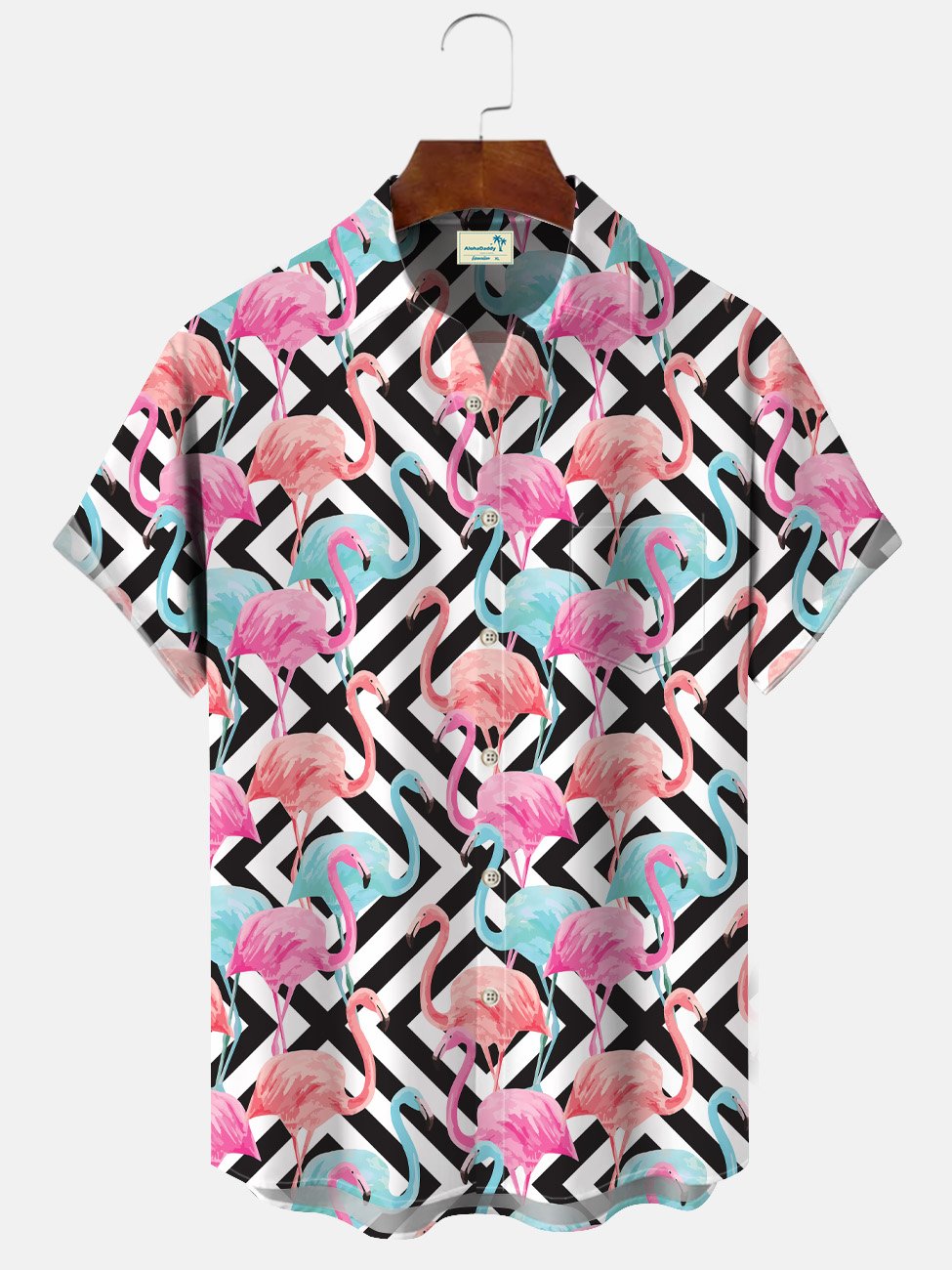 Alohadaddy Flamingo Geometric Pattern Pocket Button Casual Short Sleeve Shirt