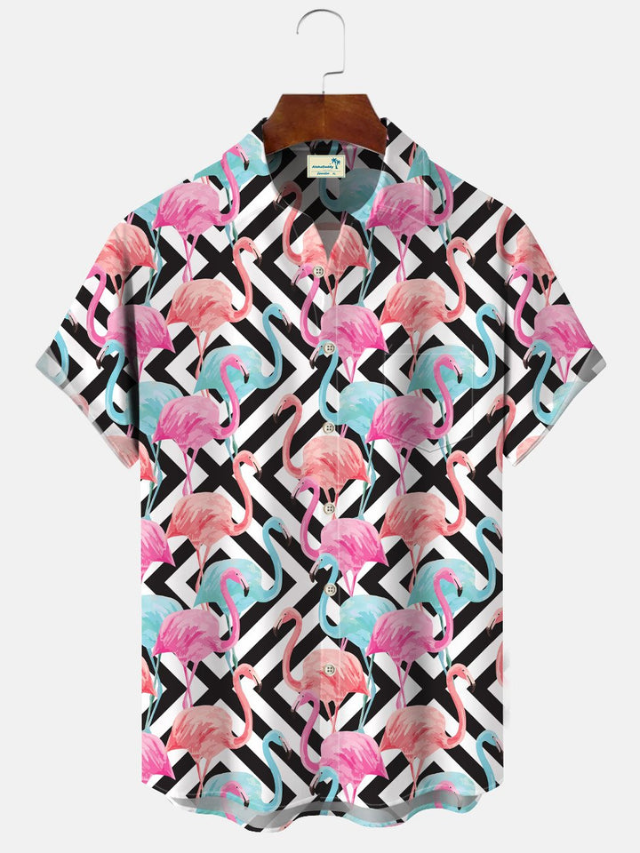 Alohadaddy Flamingo Geometric Pattern Pocket Button Casual Short Sleeve Shirt