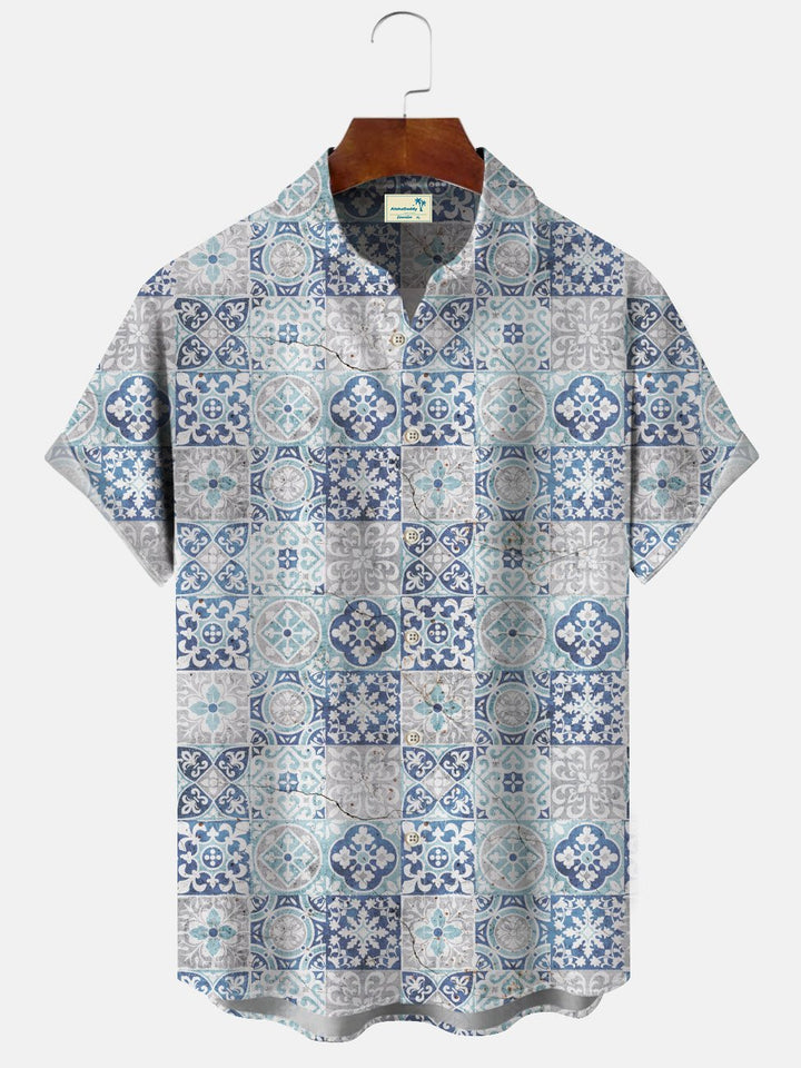 Camisa informal de manga corta con botones y bolsillo retro con estampado geométrico étnico de Alohadaddy