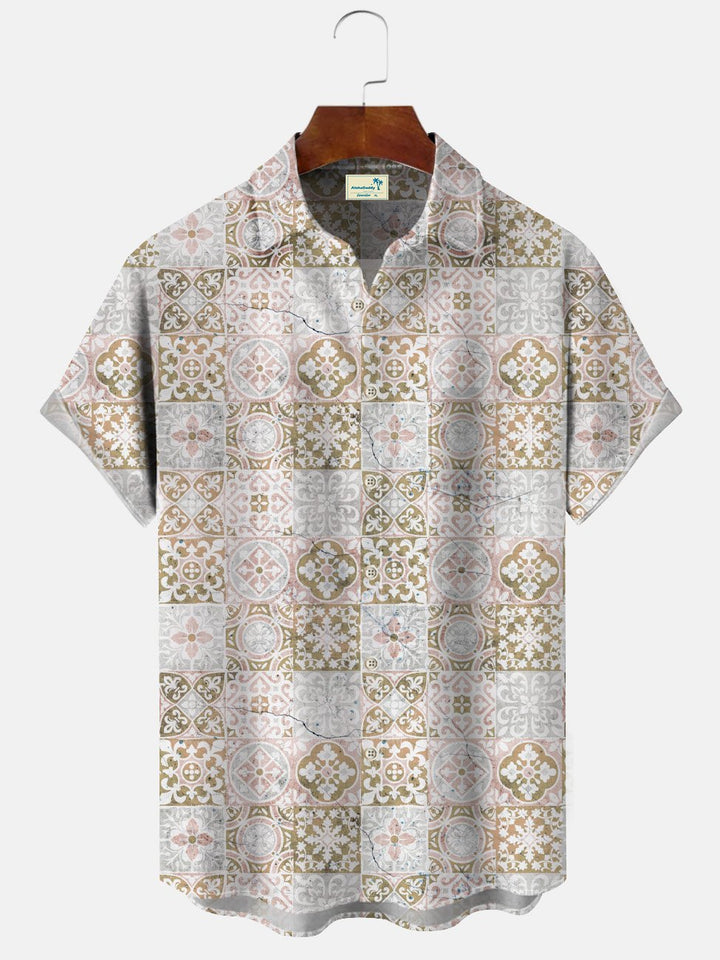 Camisa informal de manga corta con botones y bolsillo retro con estampado geométrico étnico de Alohadaddy