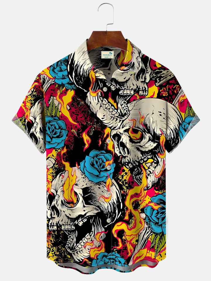 Alohadaddy Halloween Skull Pocket Button Casual Short Sleeve Shirt