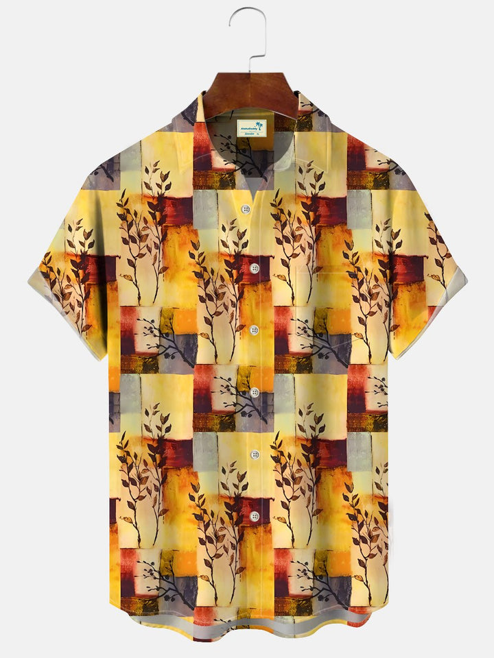 Alohadaddy Plant Leaf Geometric Pocket Button Casual Short Sleeve Shirt
