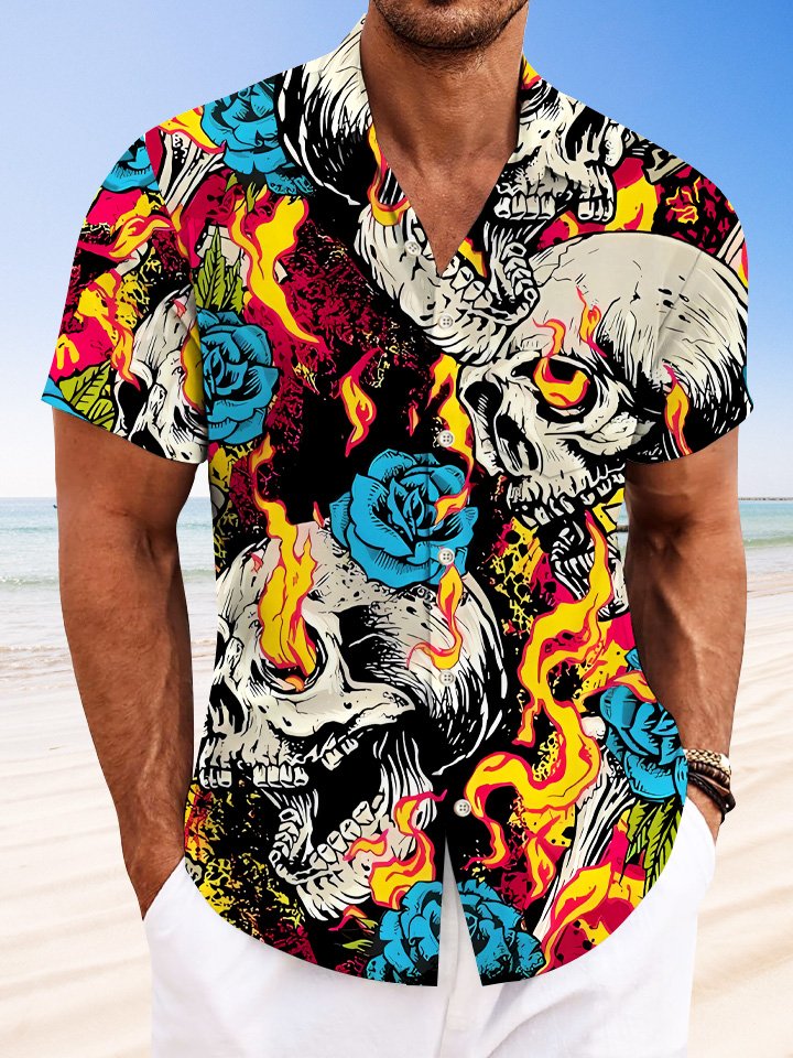 Alohadaddy Halloween Skull Pocket Button Casual Short Sleeve Shirt
