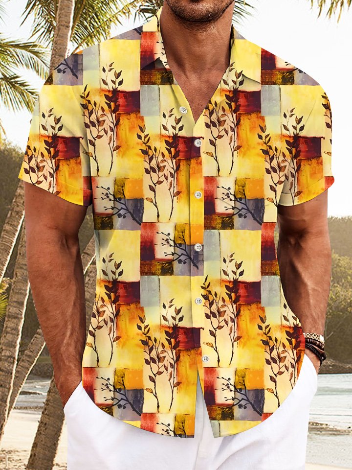 Alohadaddy Plant Leaf Geometric Pocket Button Casual Short Sleeve Shirt
