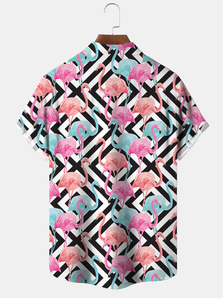 Alohadaddy Flamingo Geometric Pattern Pocket Button Casual Short Sleeve Shirt