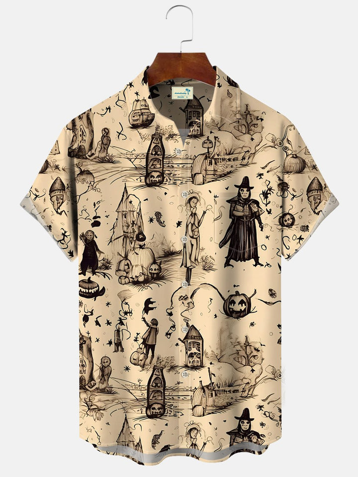 Alohadaddy Halloween Ghost Pocket Button Casual Short Sleeve Shirt