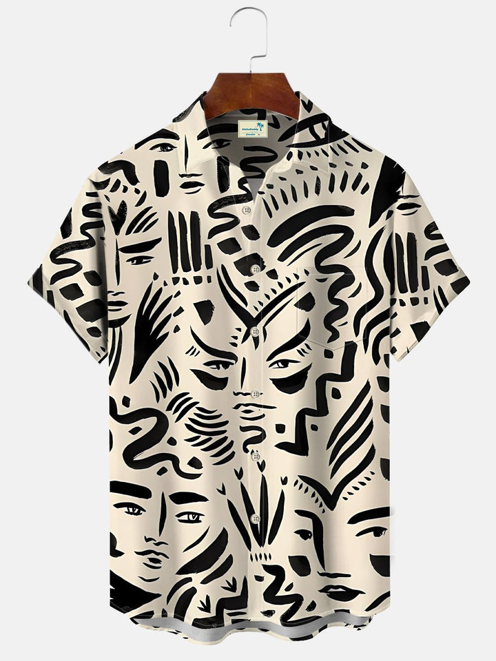 Chemise à manches courtes décontractée à boutons et poches avec visage humain et lignes géométriques Alohadaddy