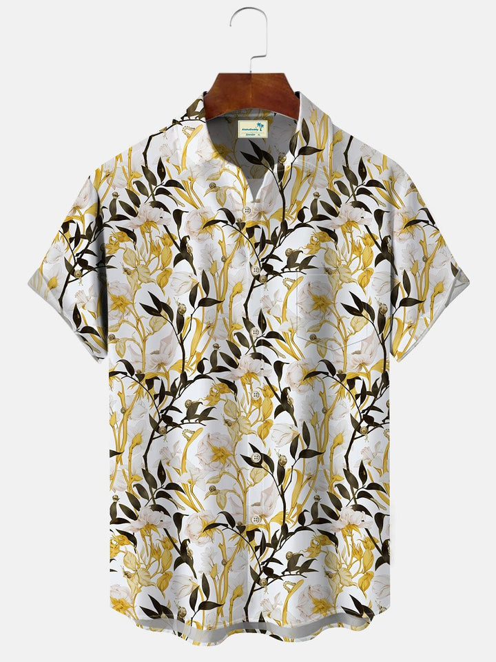 Alohadaddy Plants Rattan Leaves Buttons Pockets Casual Short Sleeve Shirt