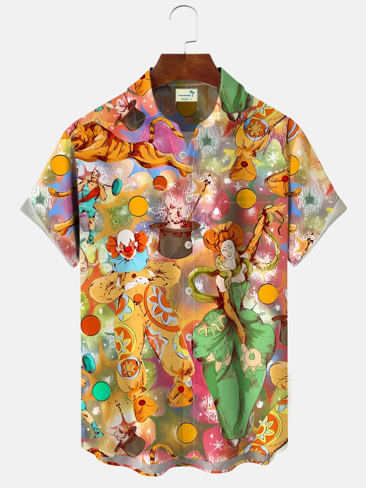 Camisa informal de manga corta con bolsillo y botones navideños de payaso de circo Alohadaddy