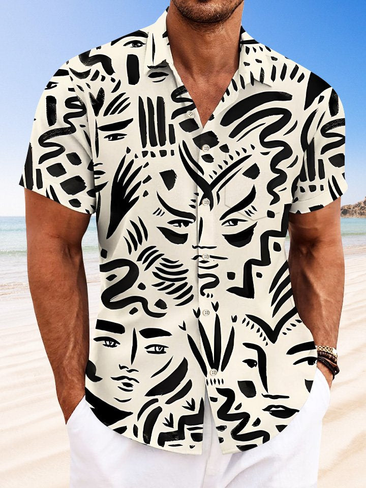 Chemise à manches courtes décontractée à boutons et poches avec visage humain et lignes géométriques Alohadaddy