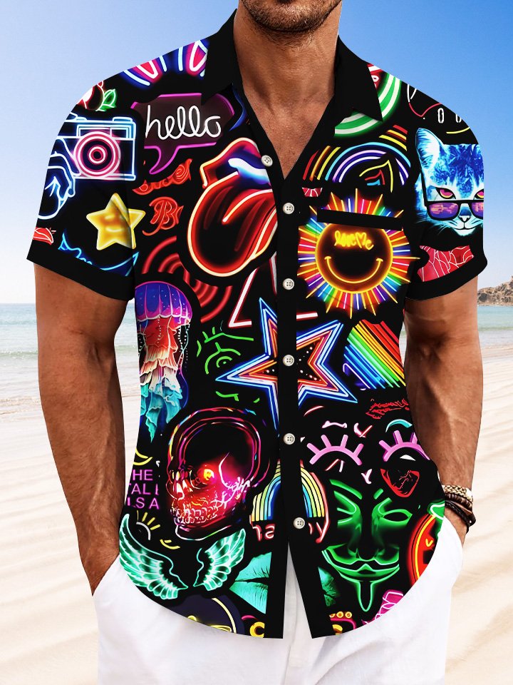 Camisa informal de manga corta con bolsillos y botones con estampado geométrico fluorescente de Alohadaddy