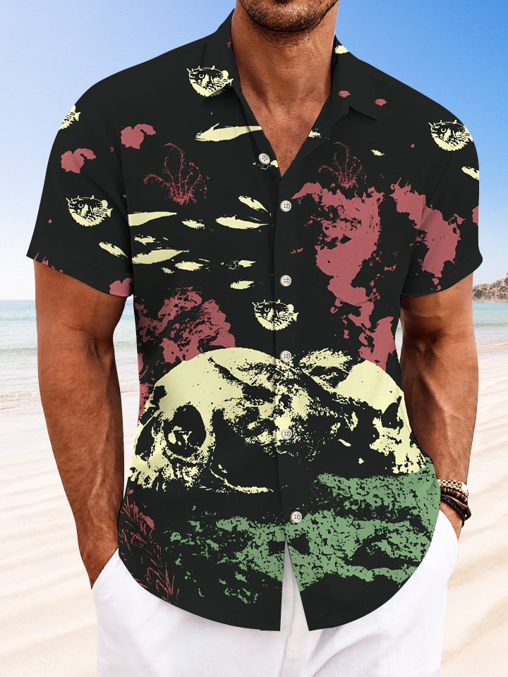 Camisa informal de manga corta con bolsillos y botones y calavera de Alohadaddy