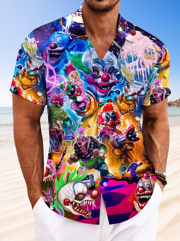 Alohadaddy Halloween Playground Clown Button Pocket Casual Short Sleeve Shirt