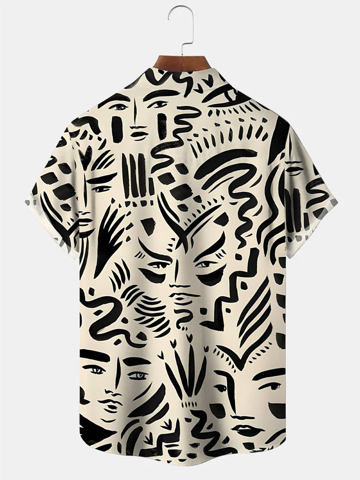 Chemise à manches courtes décontractée à boutons et poches avec visage humain et lignes géométriques Alohadaddy