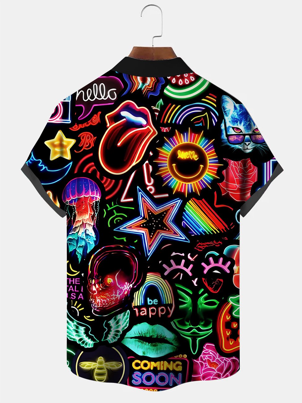 Camisa informal de manga corta con bolsillos y botones con estampado geométrico fluorescente de Alohadaddy