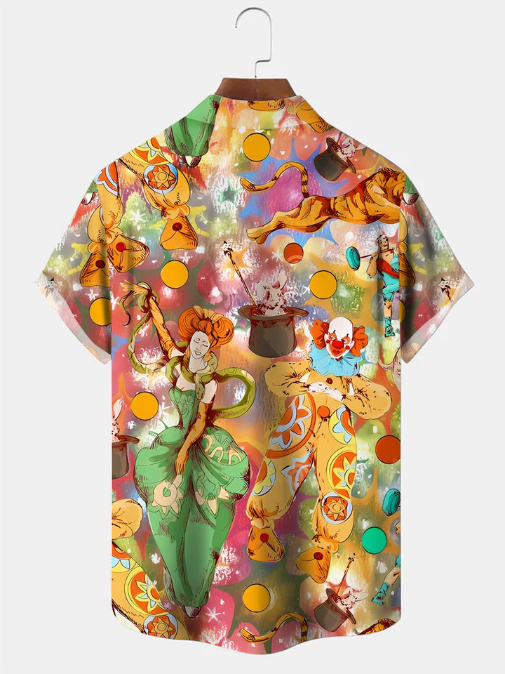 Camisa informal de manga corta con bolsillo y botones navideños de payaso de circo Alohadaddy