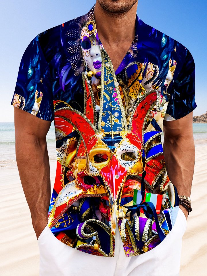 Camisa informal de manga corta con bolsillo y botones y máscara de Venecia para Halloween de Alohadaddy