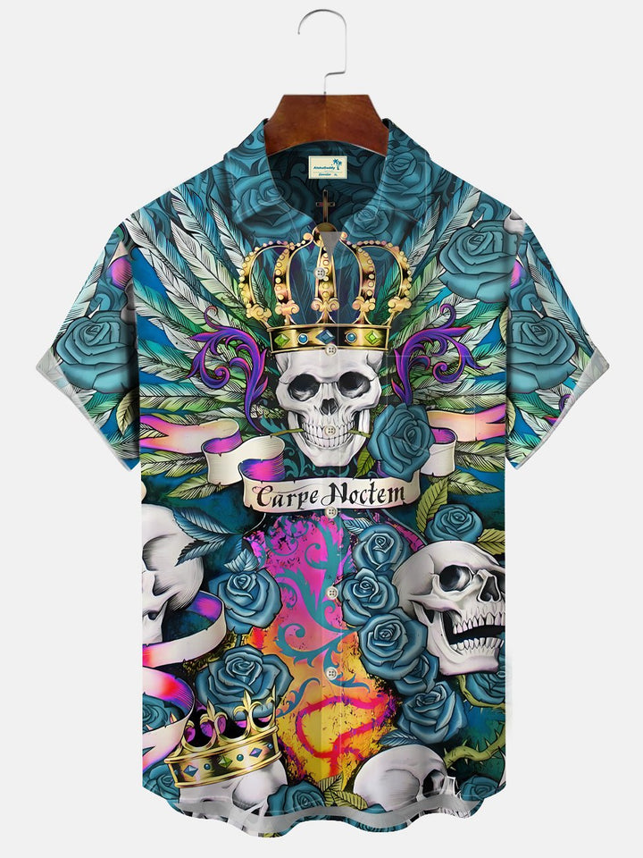 Alohadaddy Halloween Skull Button Pocket Casual Short Sleeve Shirt