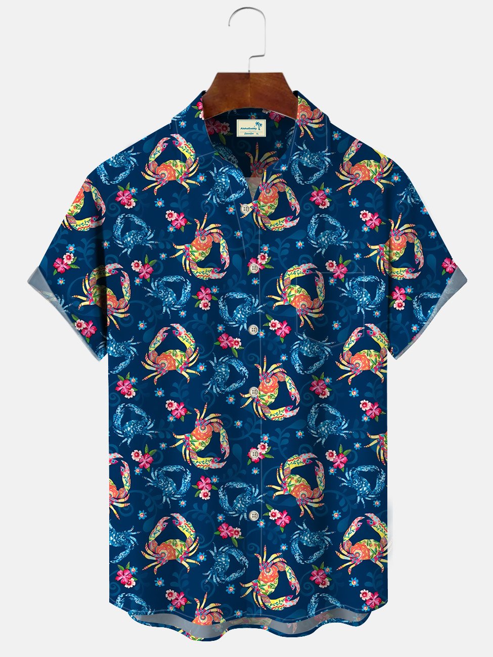 Camisa informal de manga corta con bolsillo y botones de playa con diseño de cangrejo y criatura marina de Alohadaddy