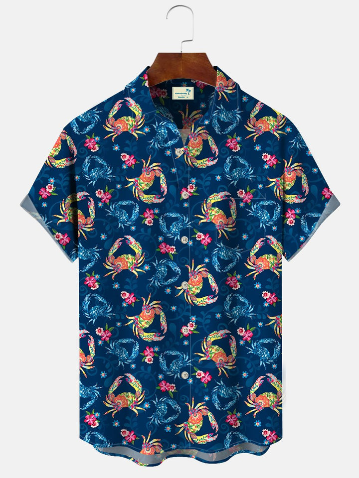 Camisa informal de manga corta con bolsillo y botones de playa con diseño de cangrejo y criatura marina de Alohadaddy