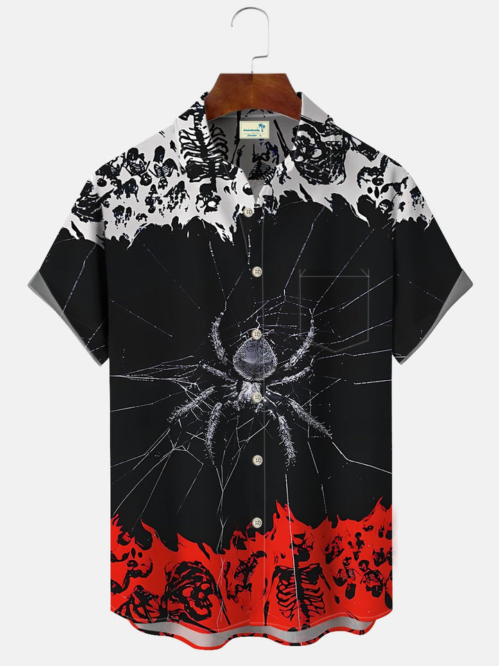 Alohadaddy Halloween Spider Skull Button Pocket Casual Short Sleeve Shirt