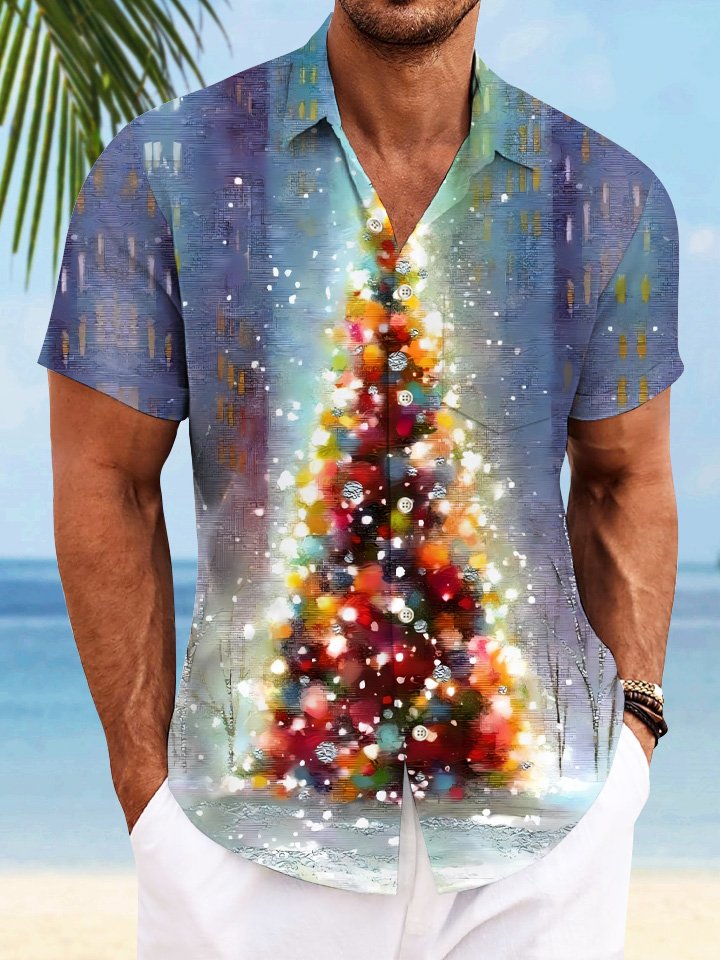 Alohadaddy Christmas Christmas Tree Button Pocket Casual Short Sleeve Shirt