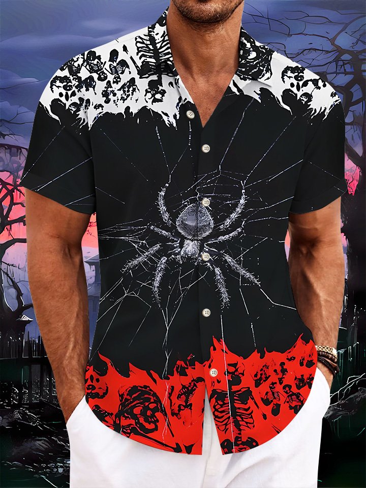 Alohadaddy Halloween Spider Skull Button Pocket Casual Short Sleeve Shirt