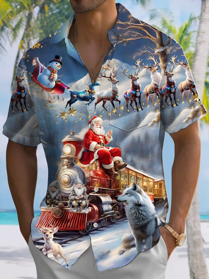 Chemise décontractée à manches courtes avec poche boutonnée et motif Père Noël de Noël Alohadaddy