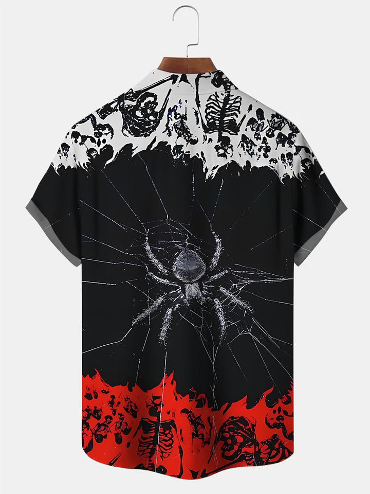 Alohadaddy Halloween Spider Skull Button Pocket Casual Short Sleeve Shirt