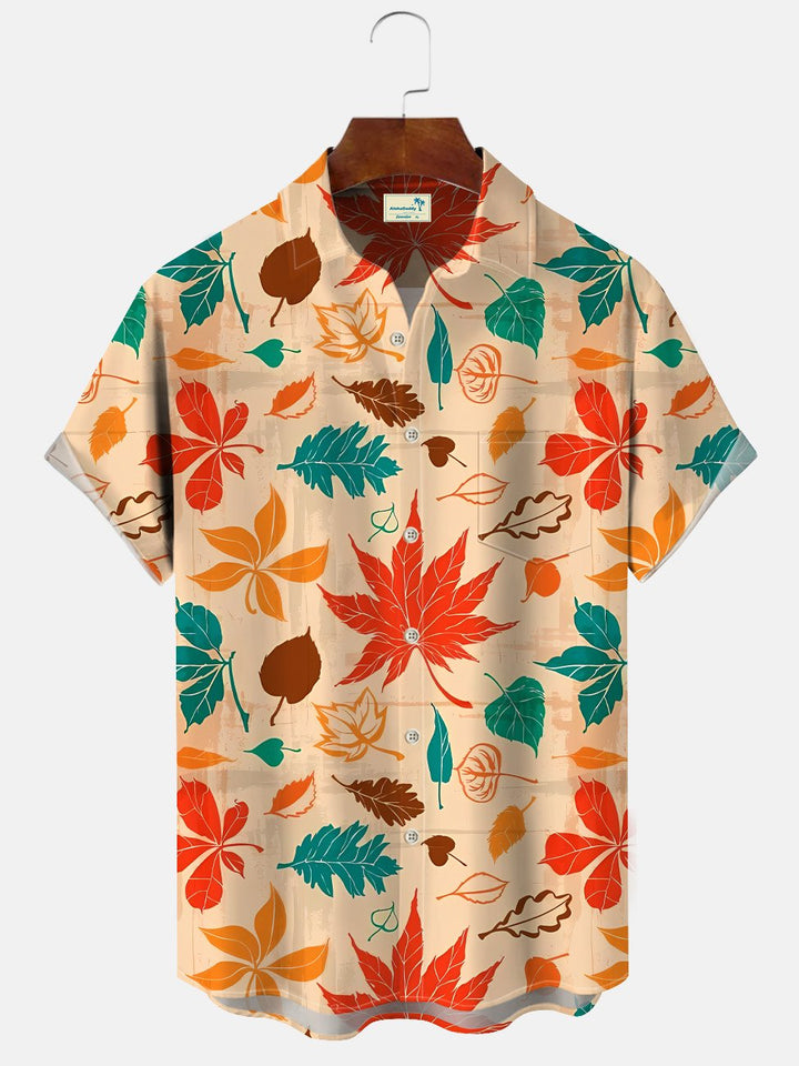Alohadaddy Plant Leaves Button Pocket Casual Short Sleeve Shirt