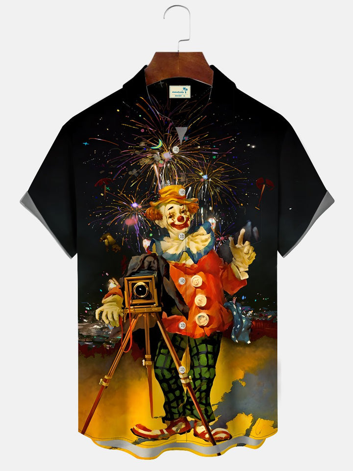 Alohadaddy Christmas Clown Fireworks Pocket Button Casual Short Sleeve Shirt