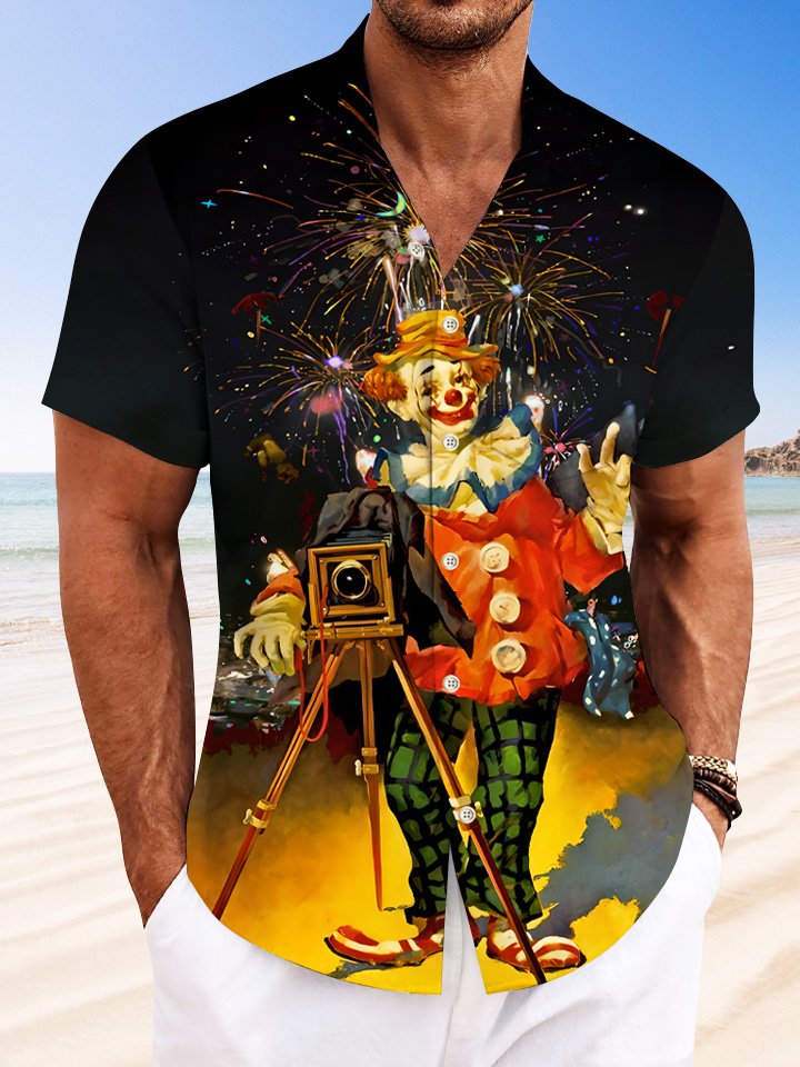 Alohadaddy Christmas Clown Fireworks Pocket Button Casual Short Sleeve Shirt