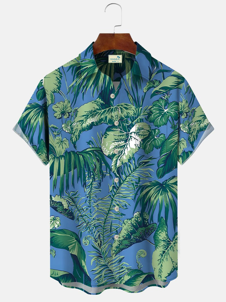 Camisa informal de manga corta con bolsillos y botones y diseño de hojas de plantas de Alohadaddy