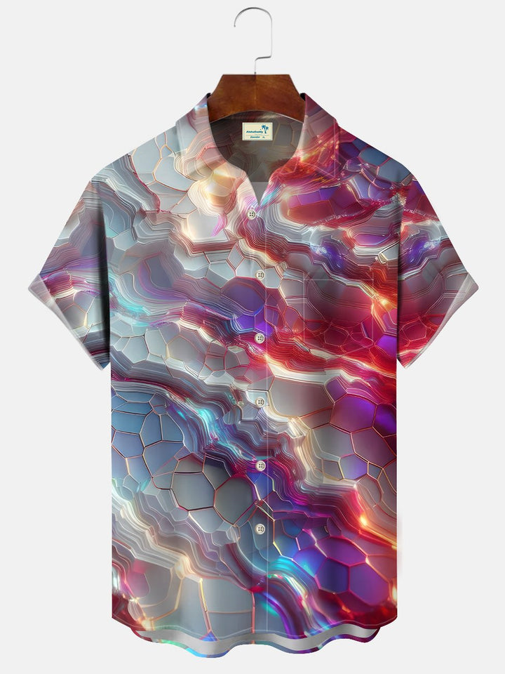 Alohadaddy Gradient Geometric Pattern Button Pocket Casual Short Sleeve Shirt