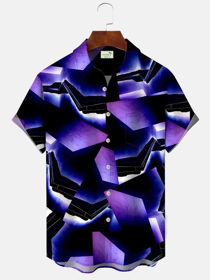 Alohadaddy Geometric Gradient Pattern Button Pocket Casual Short Sleeve Shirt