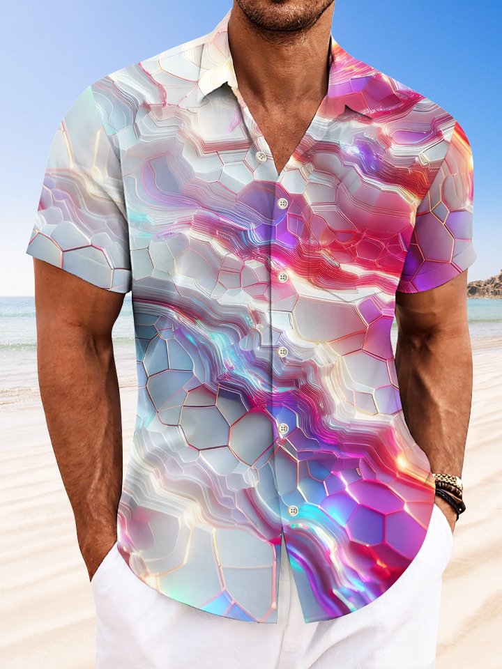 Alohadaddy Gradient Geometric Pattern Button Pocket Casual Short Sleeve Shirt