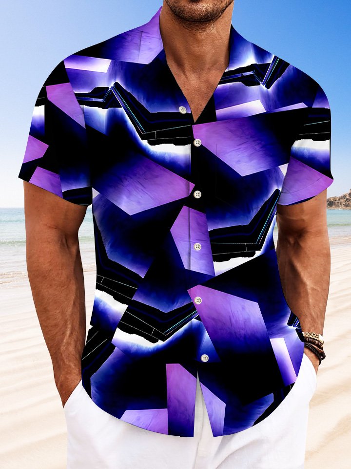 Alohadaddy Geometric Gradient Pattern Button Pocket Casual Short Sleeve Shirt