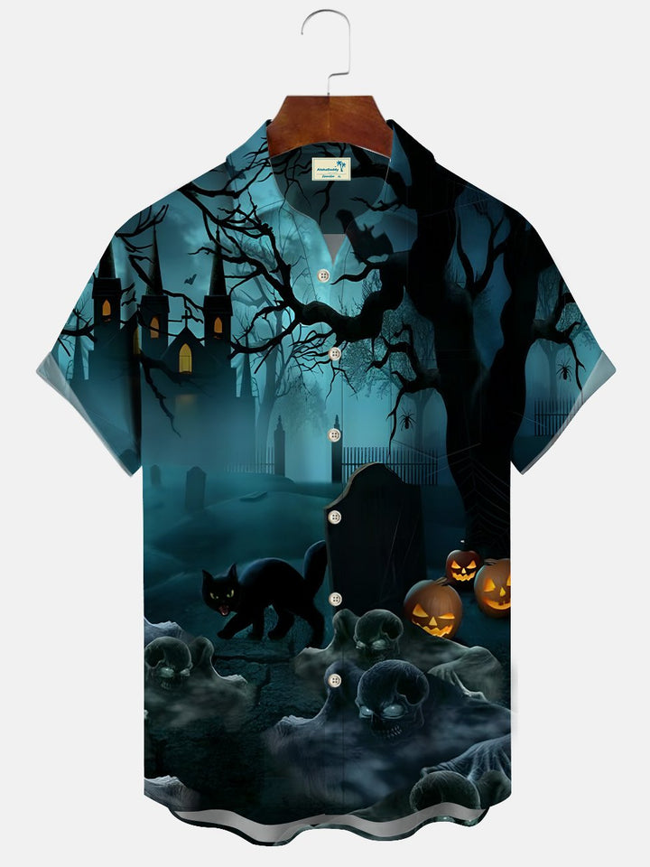 Alohadaddy Halloween Pumpkin Button Pocket Casual Short Sleeve Shirt