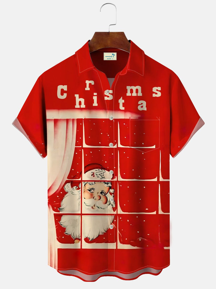 Alohadaddy Christmas Santa Claus Digital Printing Pocket Casual Short Sleeve Shirt