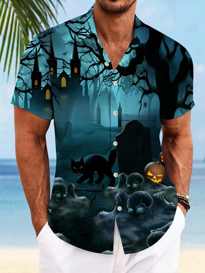 Alohadaddy Halloween Pumpkin Button Pocket Casual Short Sleeve Shirt